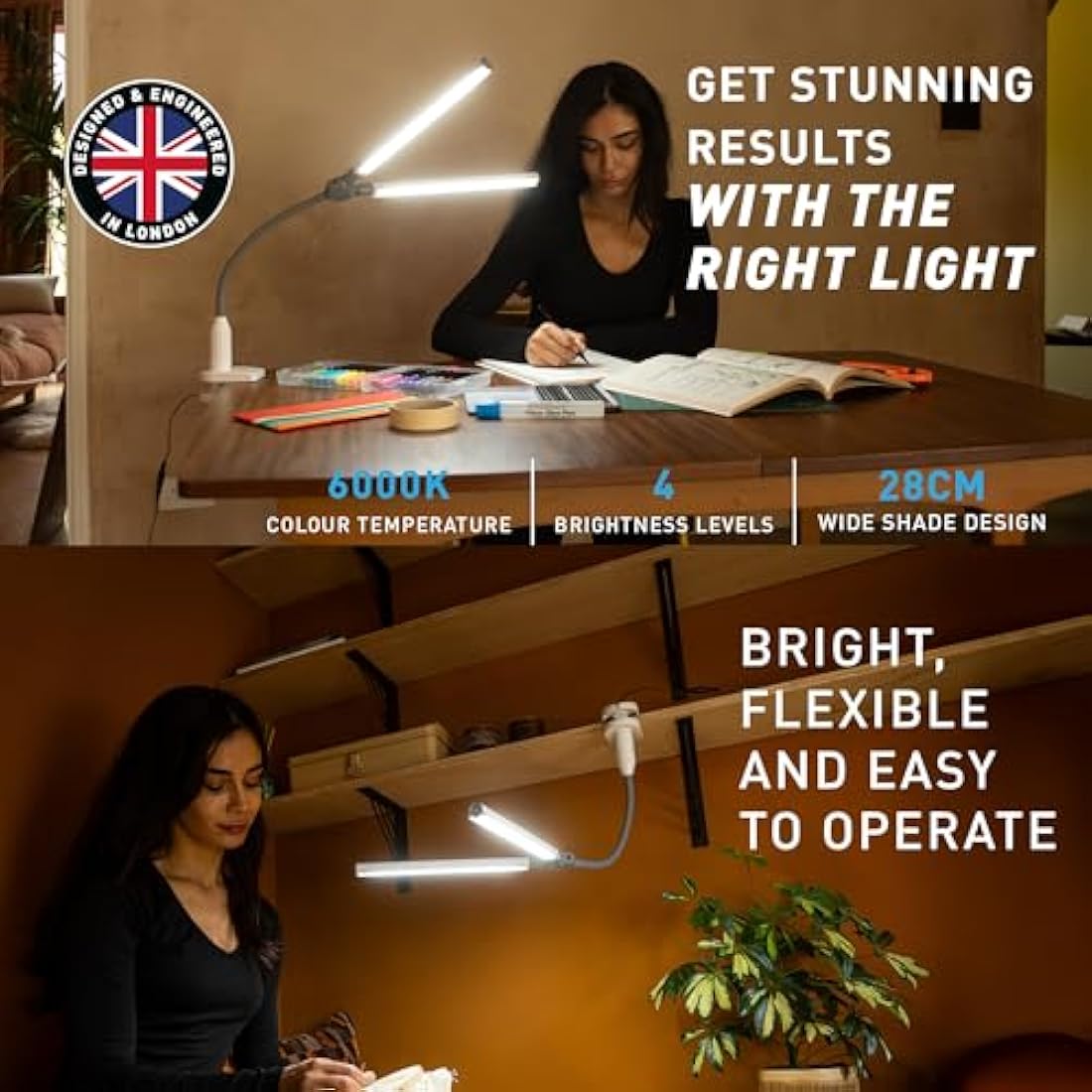 Daylight DuoPro™ Clamp Lamp - High CRI 95+, Double Head Design, LED (6,000K, 2100 Lux), Anti-Glare Shades, 4 Brightness Levels, Flexible Arm, Sturdy Clamp (Grey/White)