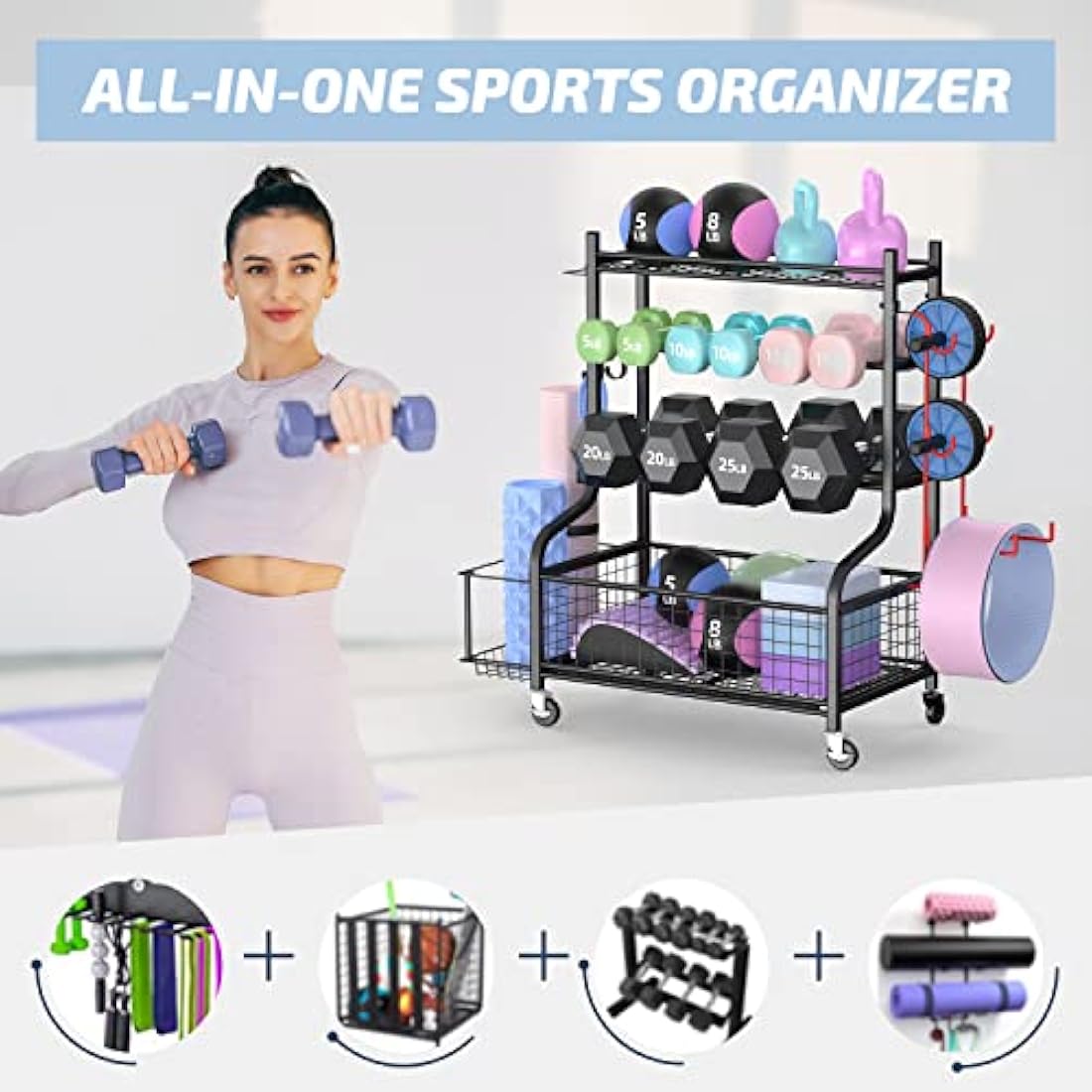 Mythinglogic Dumbbell Rack Stand, Multifunctional Weight Rack for Dumbbells, Yoga Mat, Fascia Roller, Kettlebell and Yoga Block, Powder-Coated Steel Dumbbell Stand with Wheels and Hooks
