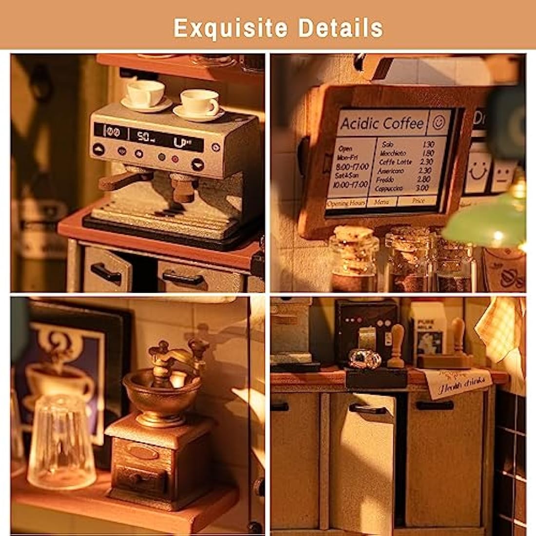 ROBOTIME DIY Wooden Dollhouse Set with Miniature Furniture, Model Building Set with Accessories and LED, Model Kit for Adult and Children, Holiday Birthday (NO.17 Coffee)