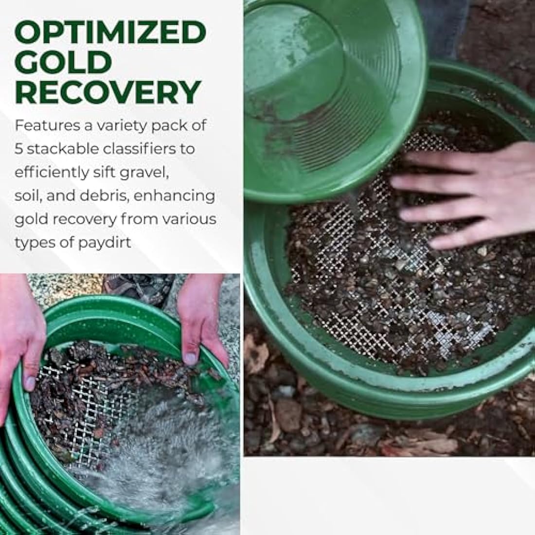 SE 13 1/4 Inch Stackable Classifier Gold Prospecting Pan Set - Includes 1/2" 1/4" 1/8" 1/12" and 1/20" Stainless Steel Mesh Sifting Pans, Green, 5 Pack