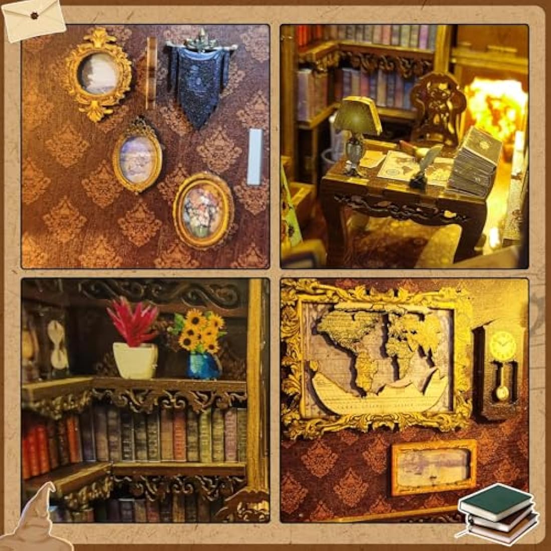 CRIOLPO Book Nook Kit - DIY Dollhouse Booknook, Book Nook Miniature Kit for Bookshelf Insert Decor Crafts for Adults Teens, 3D Wooden Puzzle Bookends with Sensor Led Light (Library of Books)