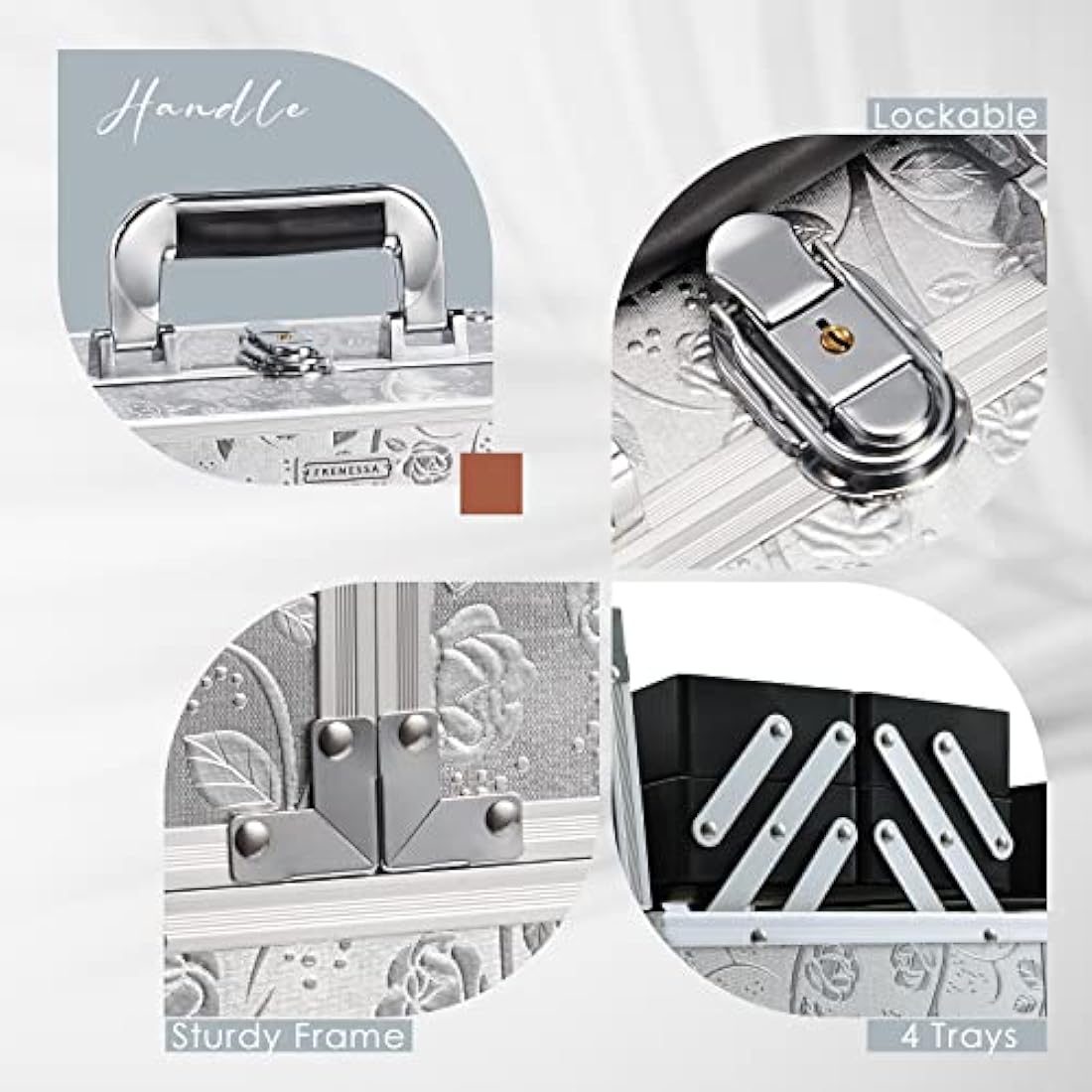 Professional Beauty Vanity Case Cosmetic Makeup Box Nail Polish Storage Beauty Train Case Lockable with Keys(Silver Rose)