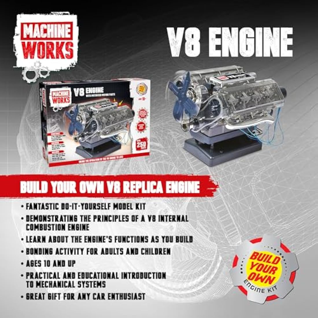 Machine Works Build Your Own V8 Engine Toy - Replica Model Building Kit - Features Augmented Reality, Sounds and Illumination, 4 Modes, 250+ Pieces, 10+ Years