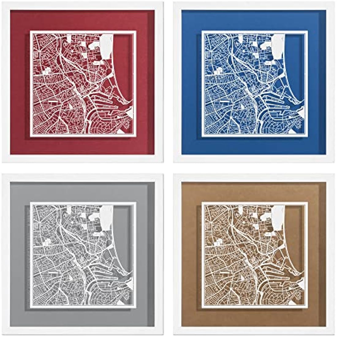 O3 DESIGN STUDIO Aberdeen Paper Cut Map framed, White map, White frame, 23x23 cm, Gift Boxed, 4 background color, self-changing, Paper Art