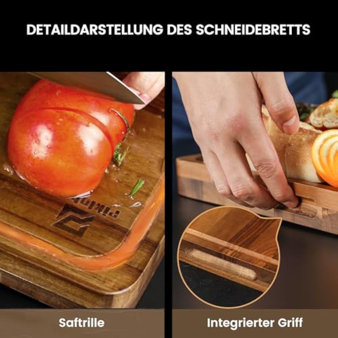 Piklohas Large Wooden Chopping Board Set For Kitchen, Acacia Wood Cutting Boards, Non Slip Feet,4 Plastic Mats, Ideal for Carving Meat Cutting Vegetables Cheeses and Bread With Juice Groove and Holder