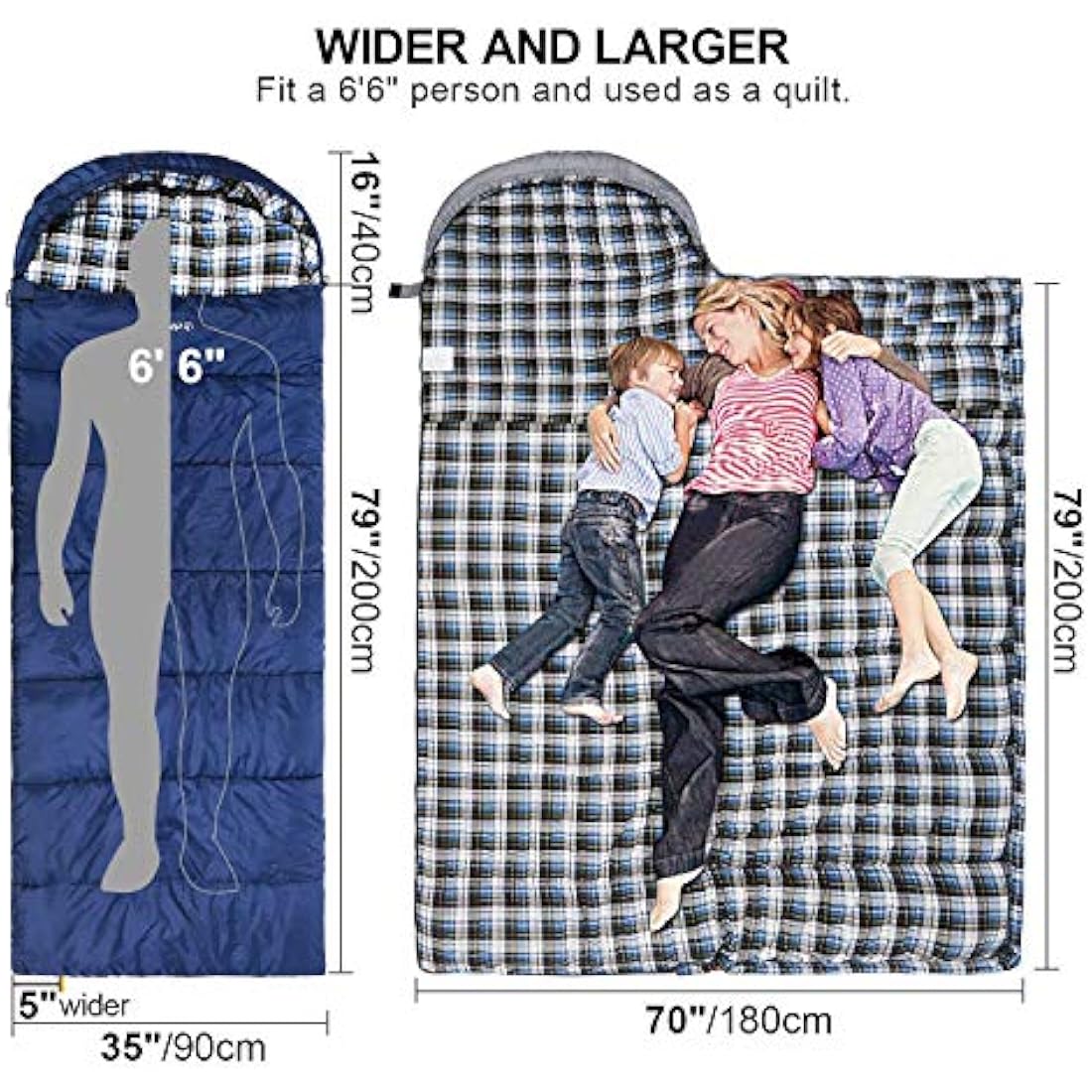REDCAMP Cotton Sleeping Bag for Adult with Removable Pillow, Wide Sleeping Bag with Hood for 3-4 Season Winter Cold Weather Camping Fishing
