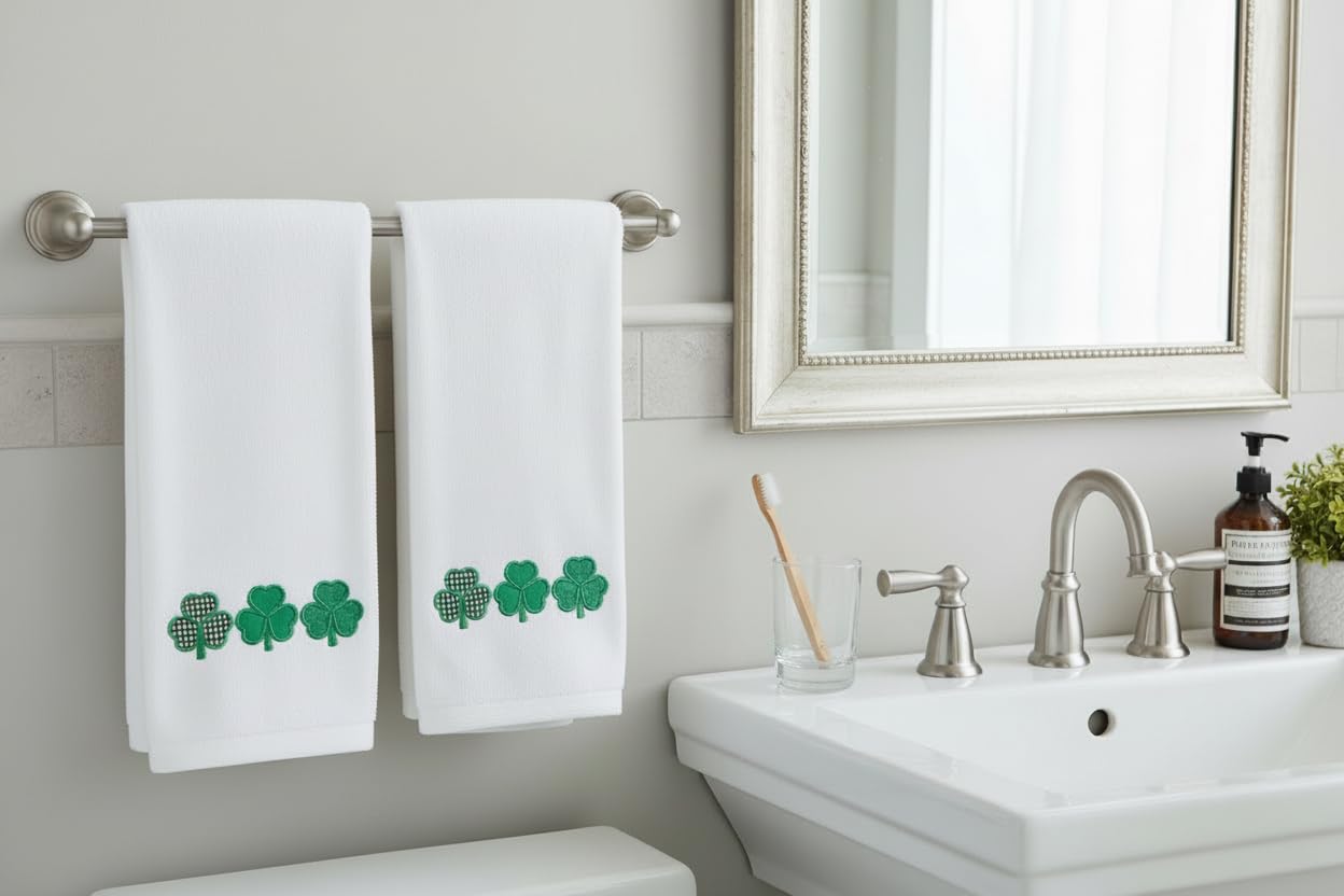 Serafina Home St. Patrick's Day Irish Hand Towels: Two Toned Green Shamrock Clover Embroidery, 100% Cotton, White (Clover)