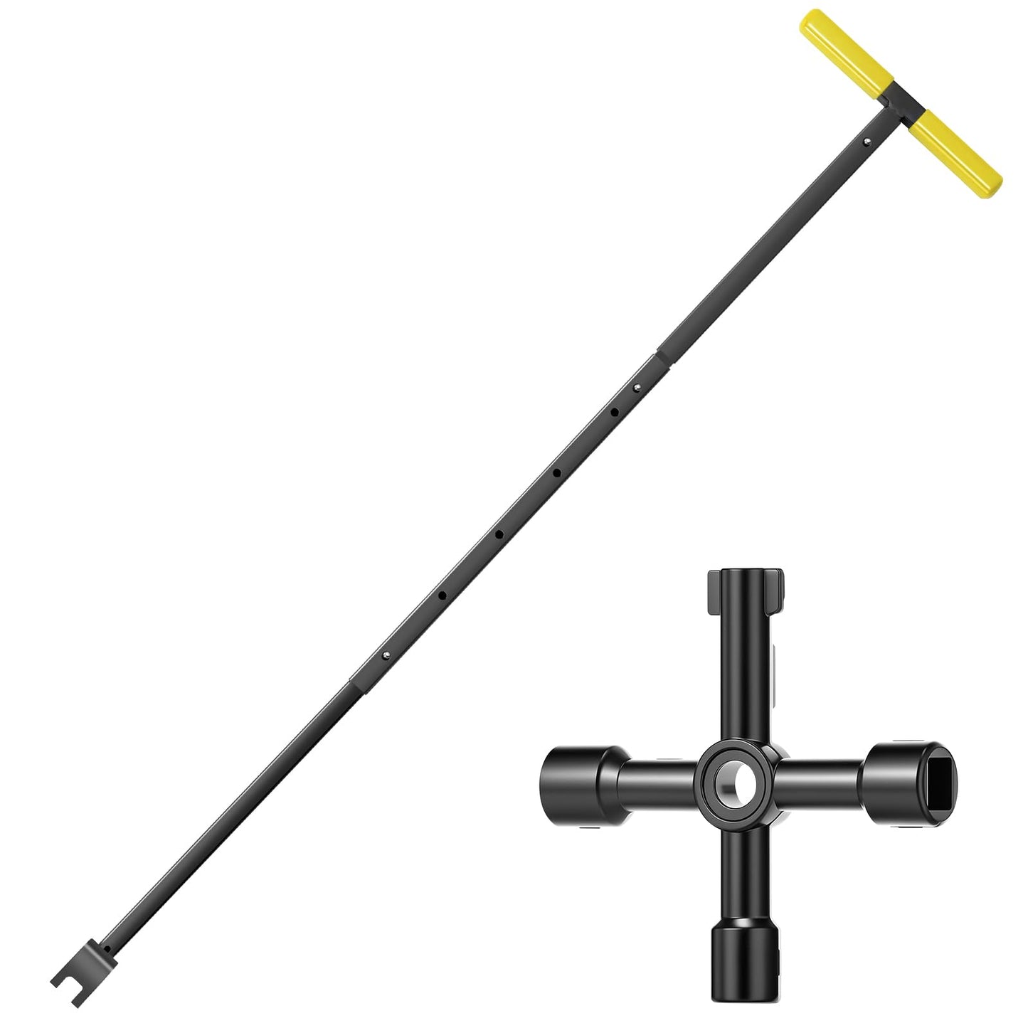 Water Meter Key with 4 Way Utility Tool Carbon Steel T Shape Water Shut Off Tool 17''-37'' Adjustable Length Water Meter Wrench for Faucets Valve