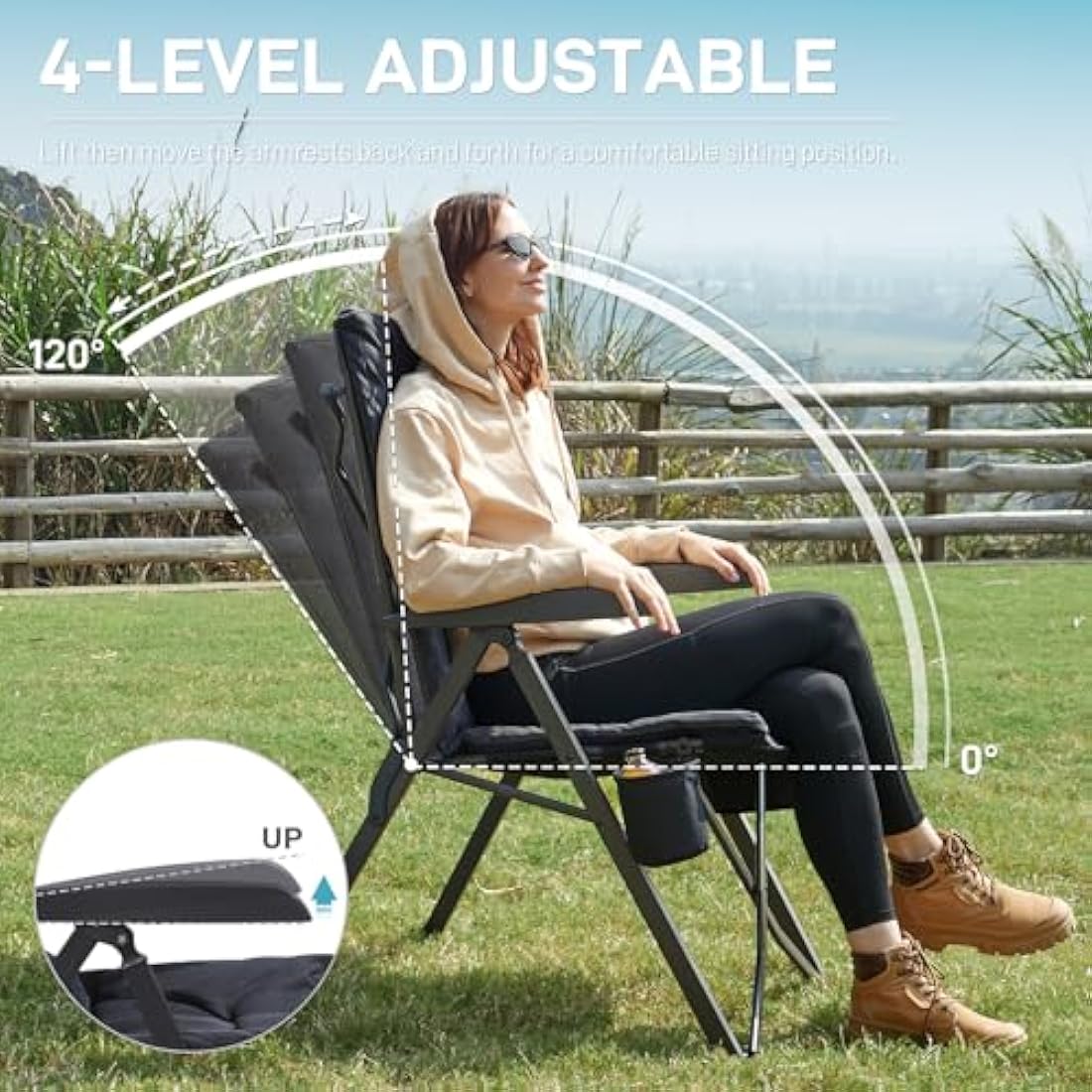 EVER ADVANCED Luxury Camping Chairs for Adults Heavy Duty High Back Oversized Folding Garden Chair Comfy Padded 6cm Loadable 150kg Camp Adjustable Dining Chairs 4-Position Recliner Deck Black