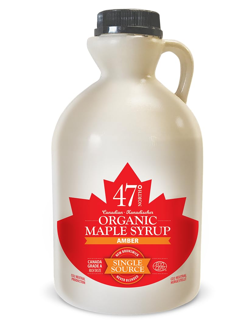 47? North Canadian Organic Maple Syrup, Single Source, Grade A, Amber Rich 1000ml vegan, gluten free for pancakes, dressing, joghurt, coffee