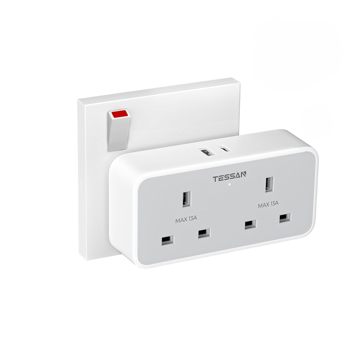 TESSAN Double Plug Adapter UK with 2 USB, 2 Way Multi Plugs Extension Socket, 13A UK Dual Surge Protected Wall Charger Power Adaptor for Home, Office,
