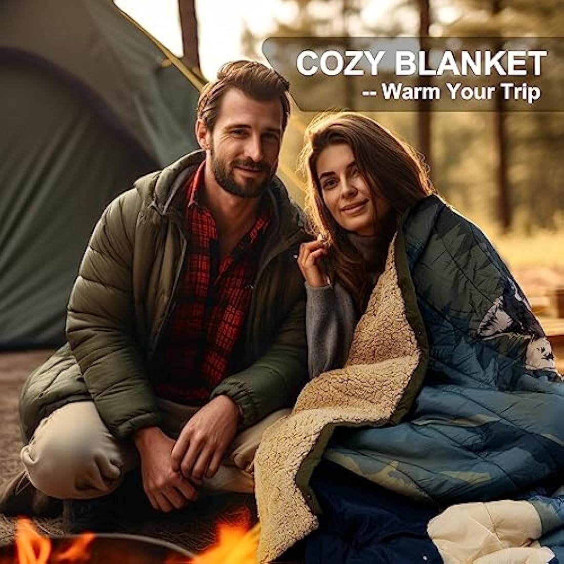 KawaGebo Kamp Outdoor Camping Blanket with Sherpa Lining, Extra Warm Thick Camp Blankets & Puffy Ultralight Soft Poncho DWR Camping Quilt for Cold Weather, Adventure,Sleeping,Backpacking 78"x 56"