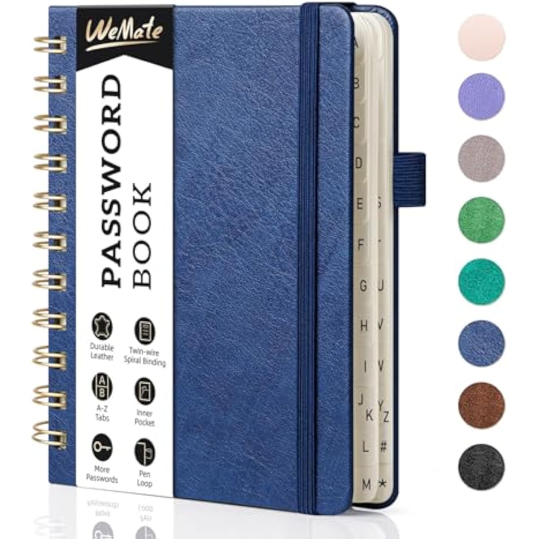 WEMATE Spiral Password Book with Alphabetical Tabs, Small Password Keeper Book for Seniors, Internet Password Notebook Hardcover Password Journal logbook – 12 x 15cm (Navy Blue)