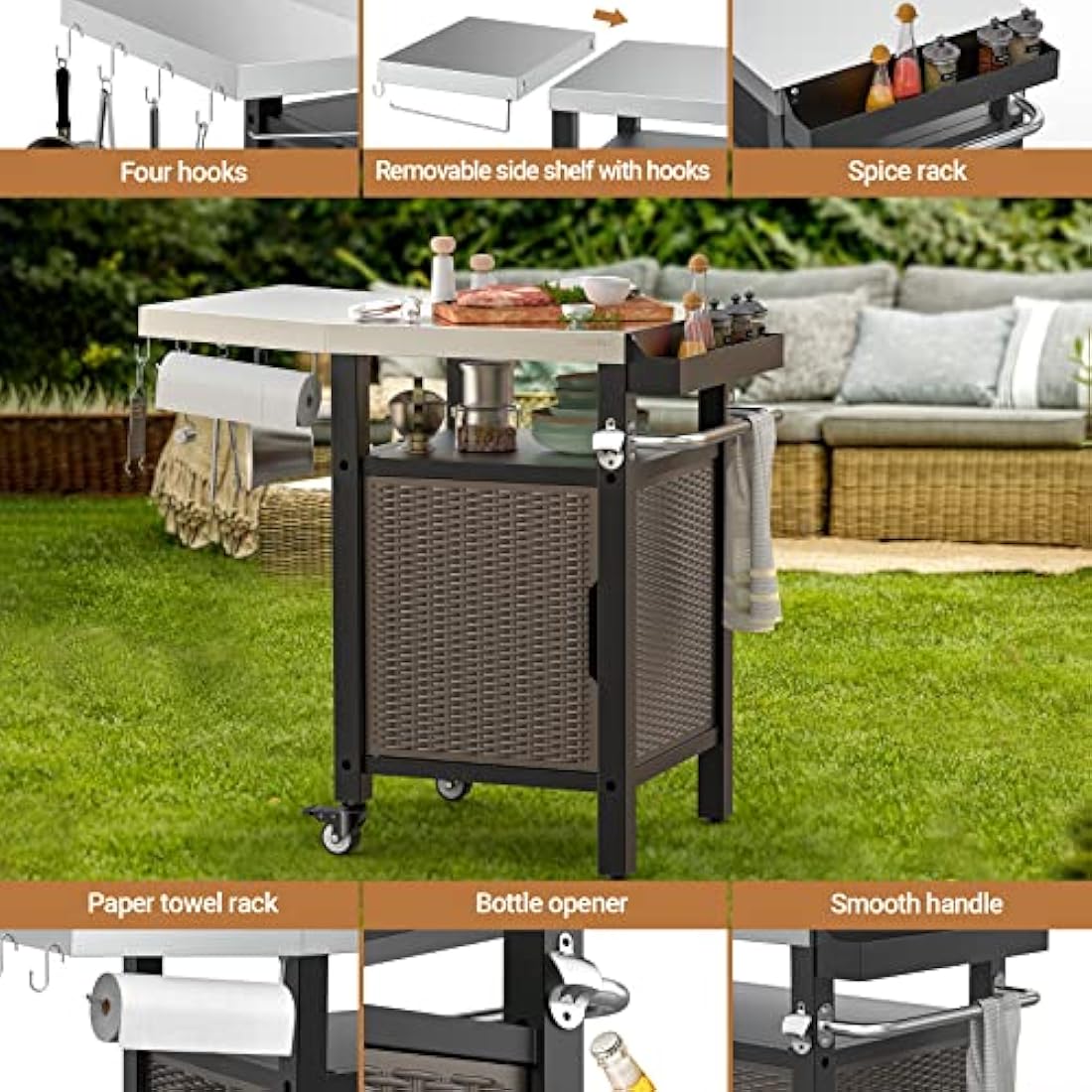 Onlyfire BBQ Storage Cart Table,Garden Serving Trolley Table With Seasoning box and Closed Storage Space,for Outdoor Grilling and Cooking