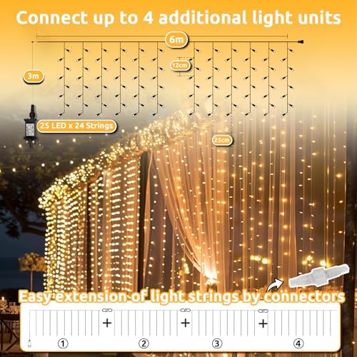 Dekofun 2 Pack 600 LED Curtain Fairy Lights 6m x 3m Gazebo Lights Mains Powered, 8 Modes Curtain LightsOutdoor, Waterproof Fairy Light, Indoor Outdoor String Lights for Wedding Ramadan Decorations