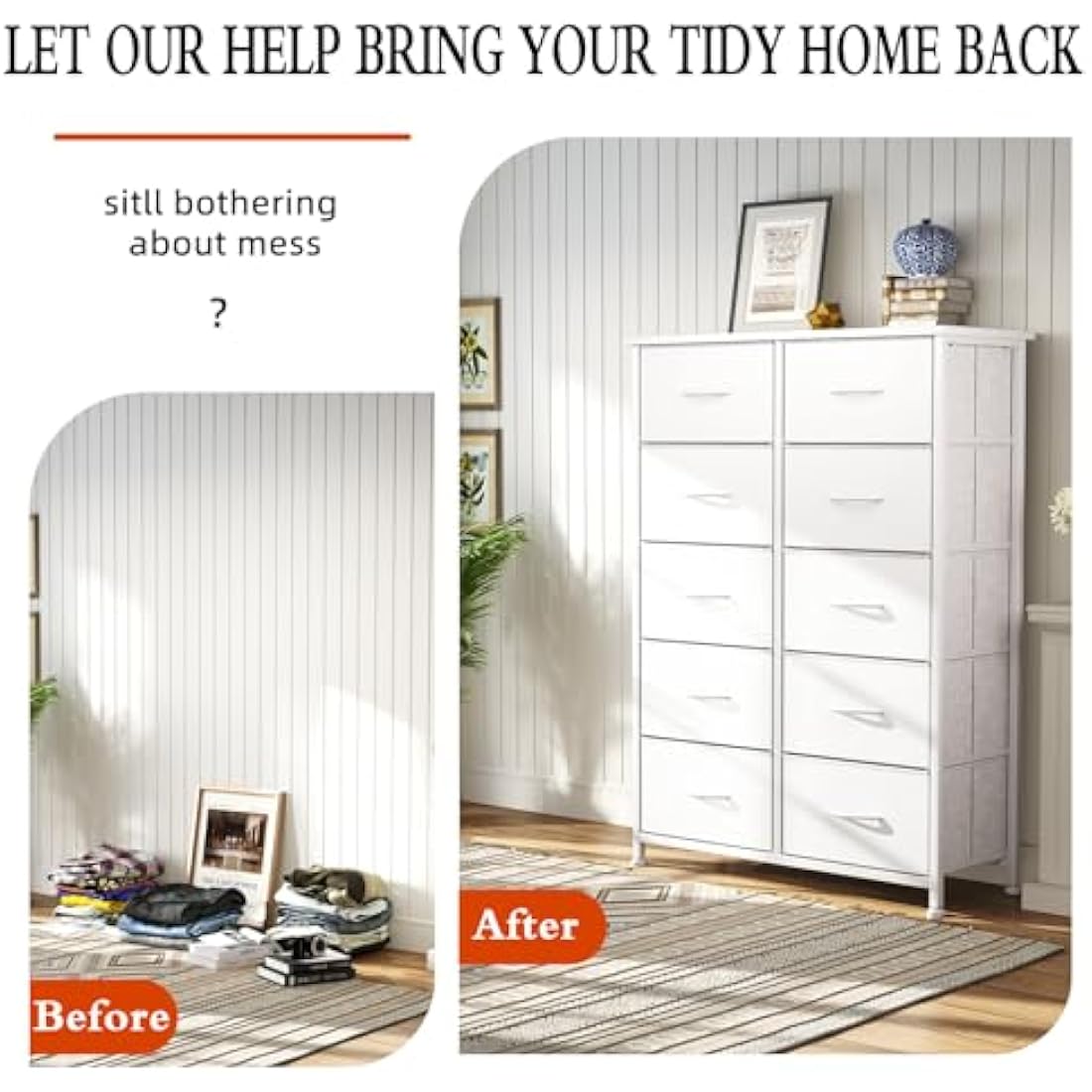 CAIYUN Chest of Drawers Bedroom with 10 Drawers, Tall Fabric Storage Organizer Clearance with Wood Top and Large Storage Space, for Bedroom, Living room, Entryway, Tv Stand, Closet, White