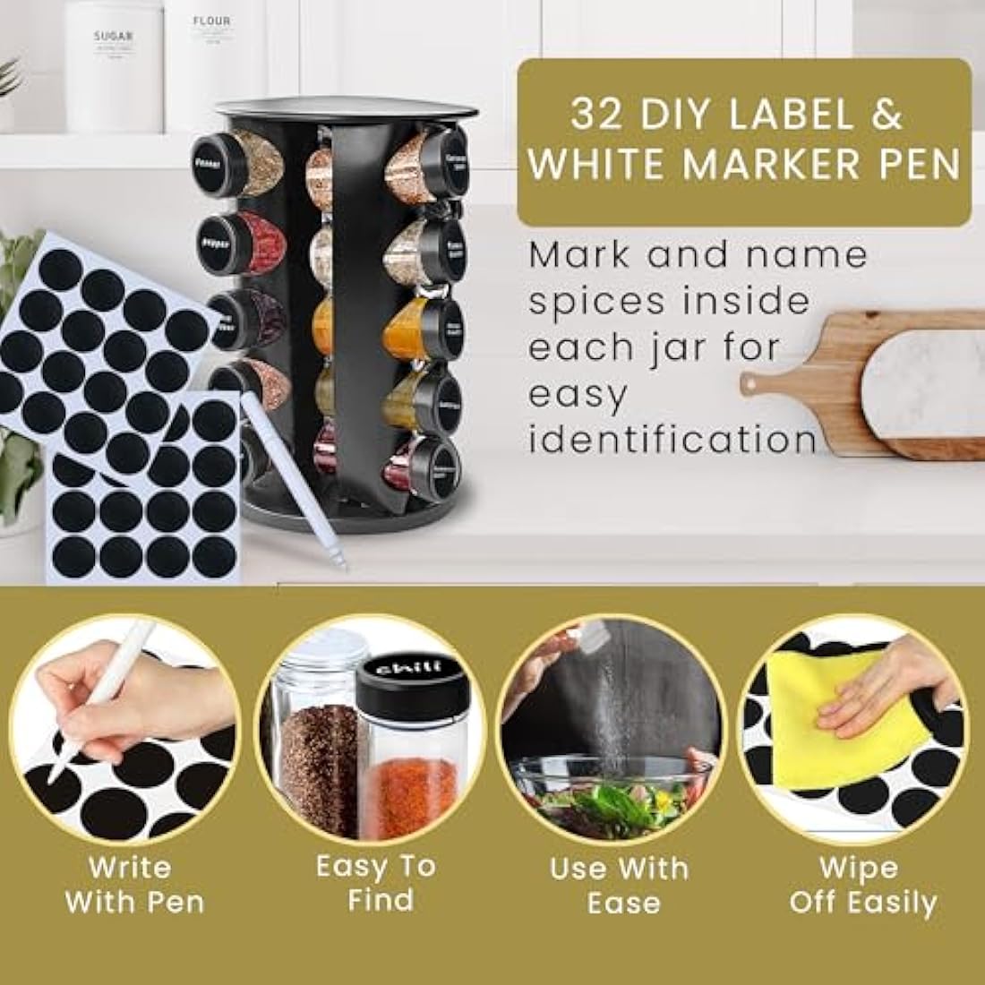 Wize Products - Black Countertop Rotating Spice Rack, 20 Empty-Jars Revolving Organiser 360°, Free Standing Round Carousel Tower, Spice Labels with Funnel for Kitchen Countertop