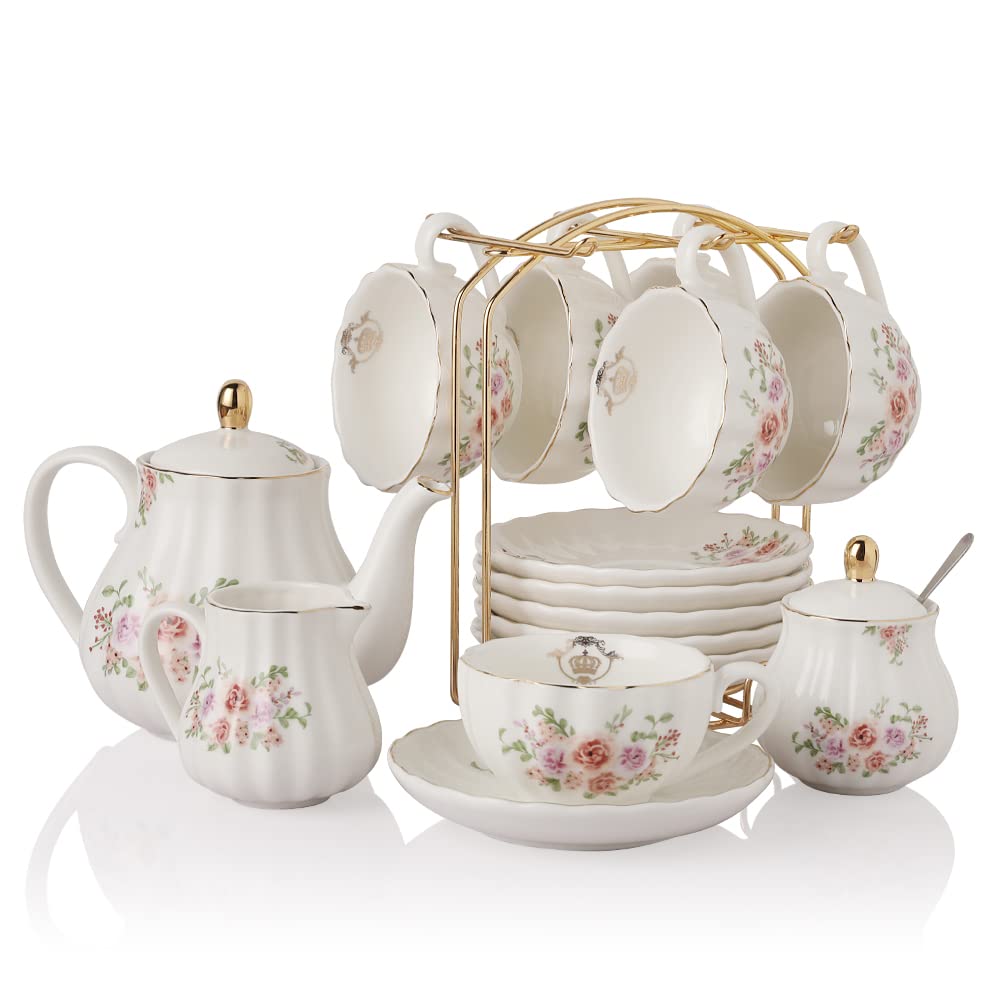 Sweejar Home Porcelain Tea Set Royal Family 225 ml to Cups and Saucers with Teapot Sugar Bowl Milk Jug Ceramic Tea and Coffee Cups (Rose Flower)