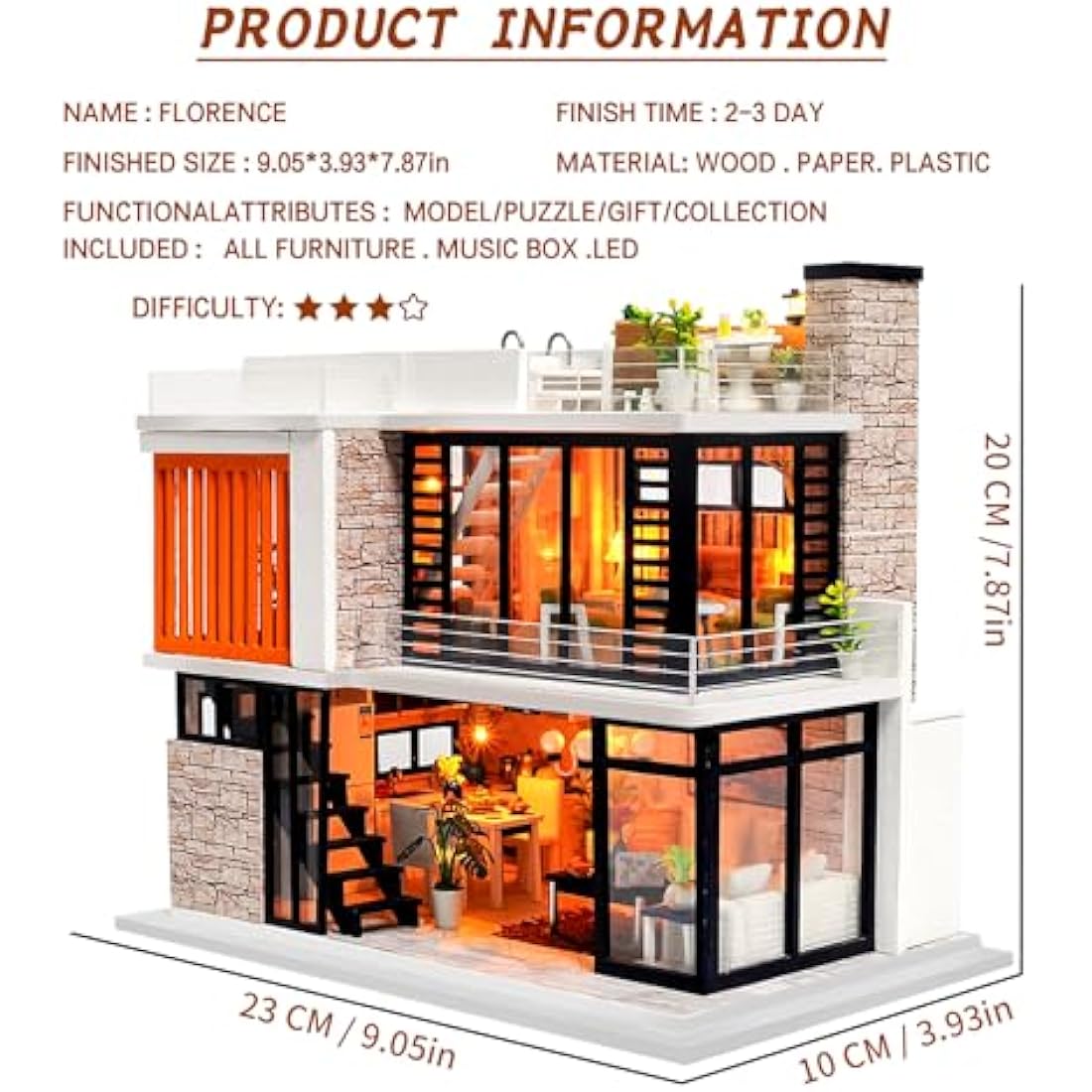 Spilay Diy Miniature House Kit, Mini Wooden Dolls House Kit with Furniture & Music Box, 1:24 Scale Creative Doll House Best Christmas Birthday Gift Age 14+ for Lovers Boys and Girls (Florence)
