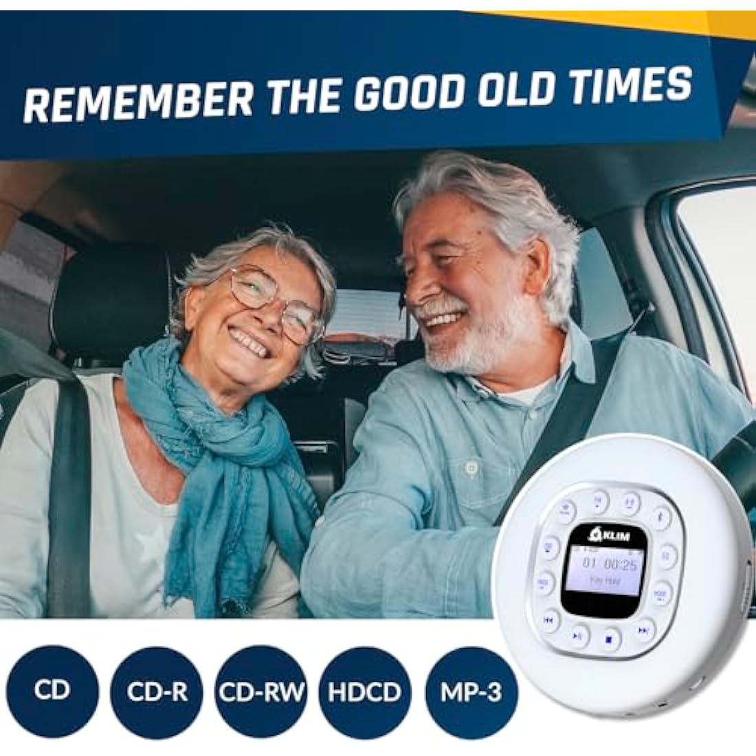 KLIM Journey - Portable CD Player with Long-Lasting Battery - New - w/Headphones - Radio FM - Compatible MP3 CD Player - SD Card, FM Transmitter, Bluetooth - Ideal for Cars - White
