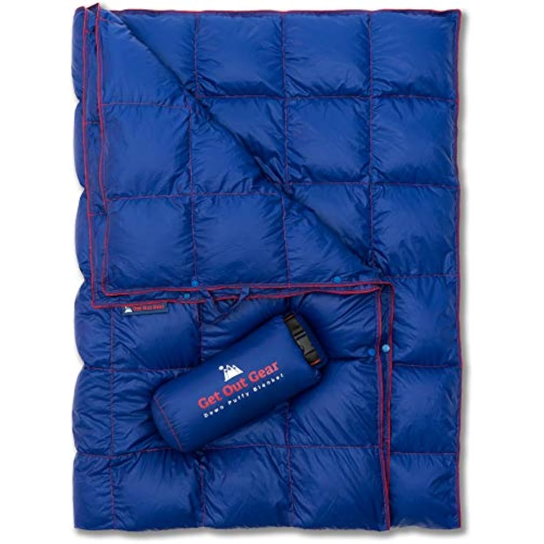 Get Out Gear Down Camping Blanket - Lightweight Warm and Packable | Ideal for Backpacking,Travel, Festivals, Beach, Hammock | 650 Fill Power Water-Resistant Backpacking Quilt (Blue/Red)