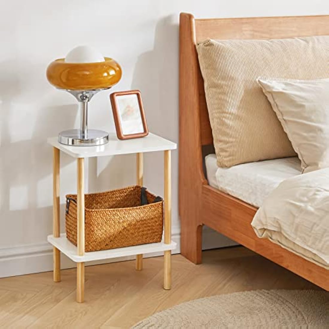 IBUYKE 2-Tier Side Table, Narrow End Table with Storage Shelf, Nightstand Bedside Table for Small Spaces, Bedroom, Living Room, Entryway, Farmhouse, No-Tool Assembly, White WST002W