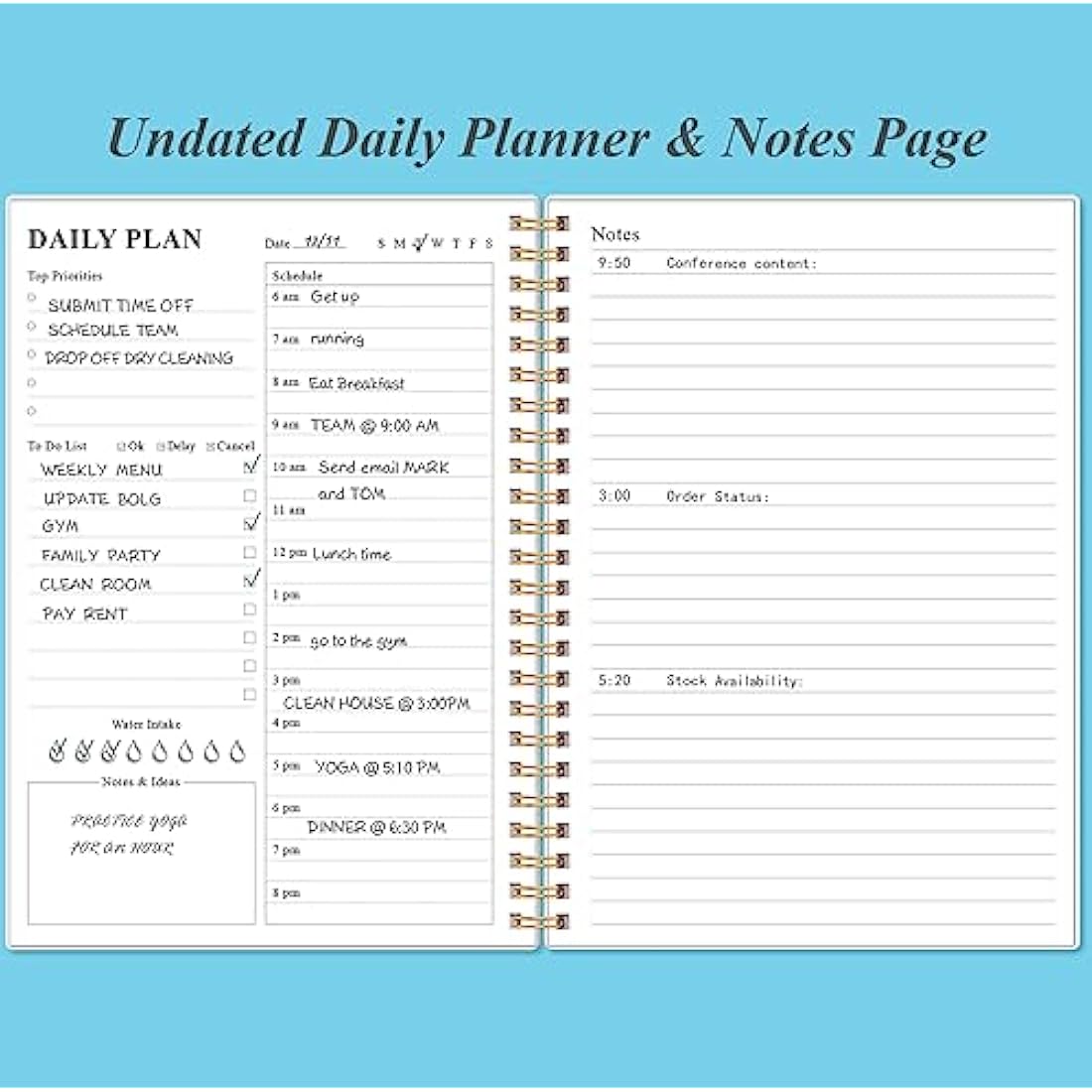 Daily Planner Undated - A5 To Do List Notebook Hourly Schedules, Spiral Appointment Planner for Women and Men, PVC Hardcover, Inner Pocket, Elastic Closure, 5.8" x 8.5", Blue Watercolor