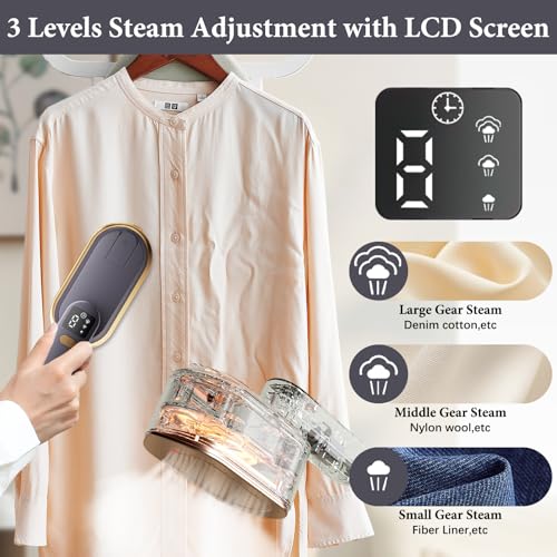 Steam Iron Travel Steamer with LCD Screen, 10S Fast Heat-up 2000W Steamer Clothing with 180 Rotatable Handle, Portable Handheld Clothes Steamer, 3