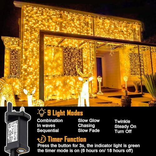 yowin Curtain Lights 600 LED 6m x 3m Gazebo Lights Mains Powered with Timer, 8 Modes Curtain Fairy Light Outdoor Waterproof Wall Hanging Light for Pergola Indoor Bedroom Wedding Garden Decorations