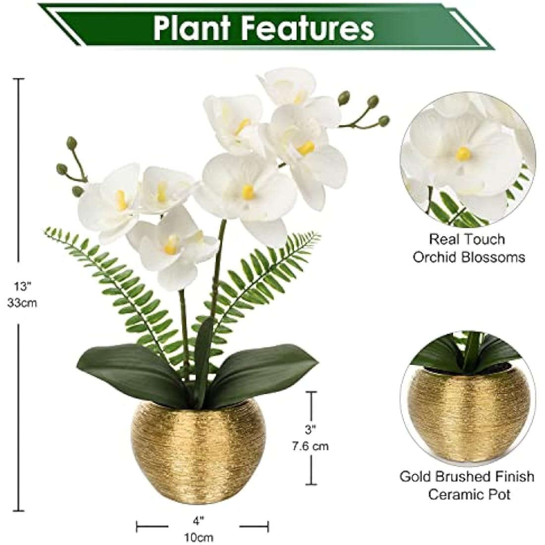 Briful Artificial Orchid Plants White Orchid Real Touch Flowers Artificial Phalaenopsis Flower Stems in Gold Ceramic Pot Fake Orchid Flowers for Home Decor Wedding Table Centerpiece
