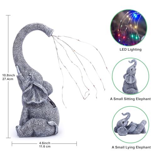 Yeomoo Elephant Statues Garden Ornaments Outdoor - Elephants Mum with Baby Elephant Figurine Solar Lights Elephant Lamp Gifts for Women Men Mum