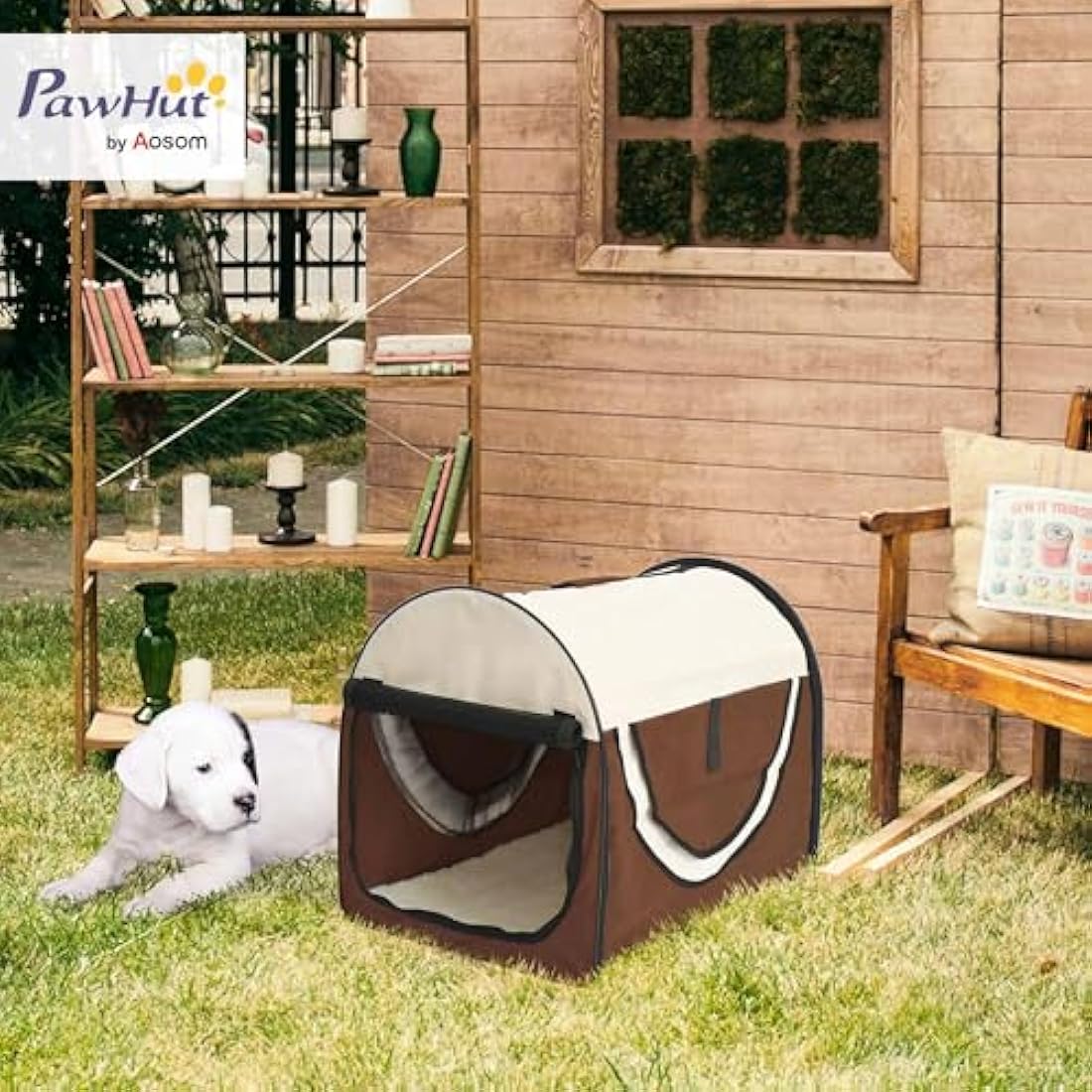 Pawhut Folding Fabric Soft Pet Crate Dog Cat Travel Carrier Cage Kennel House Brown 46L x 36W x 41H cm