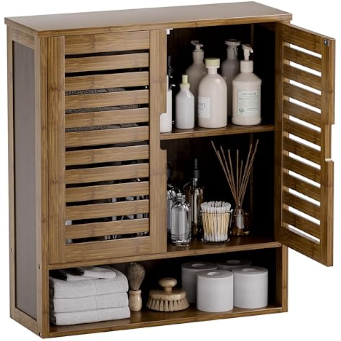 SMIBUY Bathroom Cabinet Wall Mounted, Bamboo Over-The-Toilet Storage Organizer, Space Saver Medicine Cabinet with 2 Door and Adjustable Shelves (Walnut)