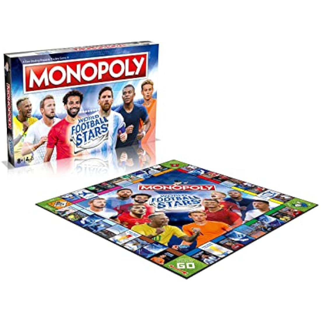 Winning Moves World Football Stars Monopoly Board Game, Play with Cristiano Ronaldo, Lionel Messi, Harry Kane and Salah, gift for ages 8 plus, Blue