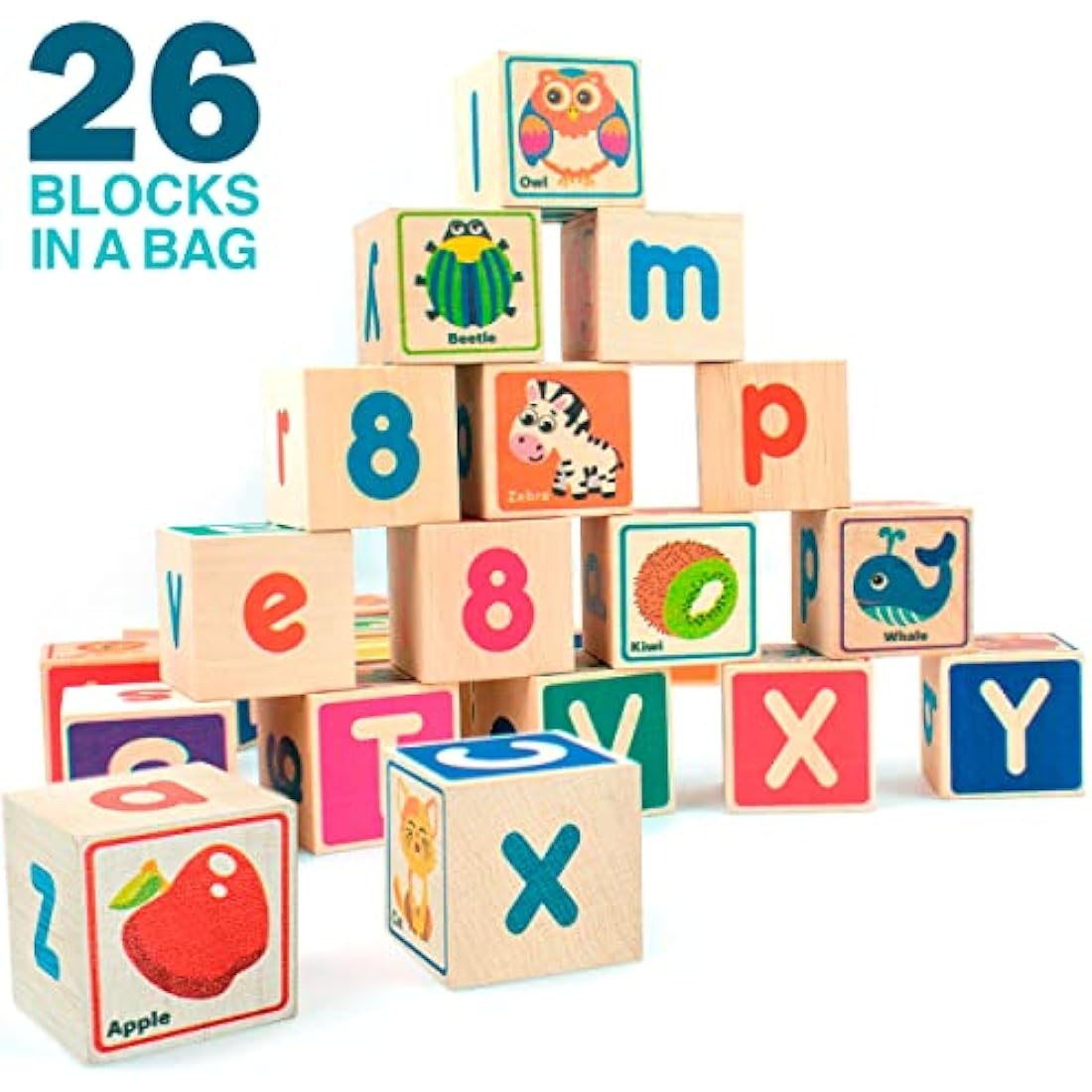 QUOKKA Wooden Building Blocks for 1 2 3 Year Olds - Baby Blocks Toys for Boys & Girls - 26 Number & Alphabet Puzzle Blocks for Toddlers - Educational Game for 4 5 6 Year Old Kids