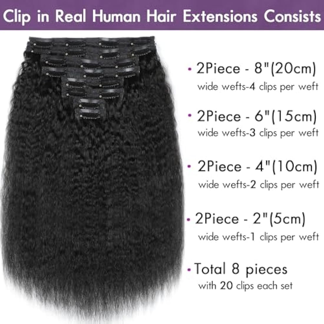 YDDM Kinky Straight Clip ins Human Hair Natural Black Remy Human Hair Extensions Natural Thick Clip in Hair Extensions for Black Women 14 Inch 120g 8pcs 20Clips