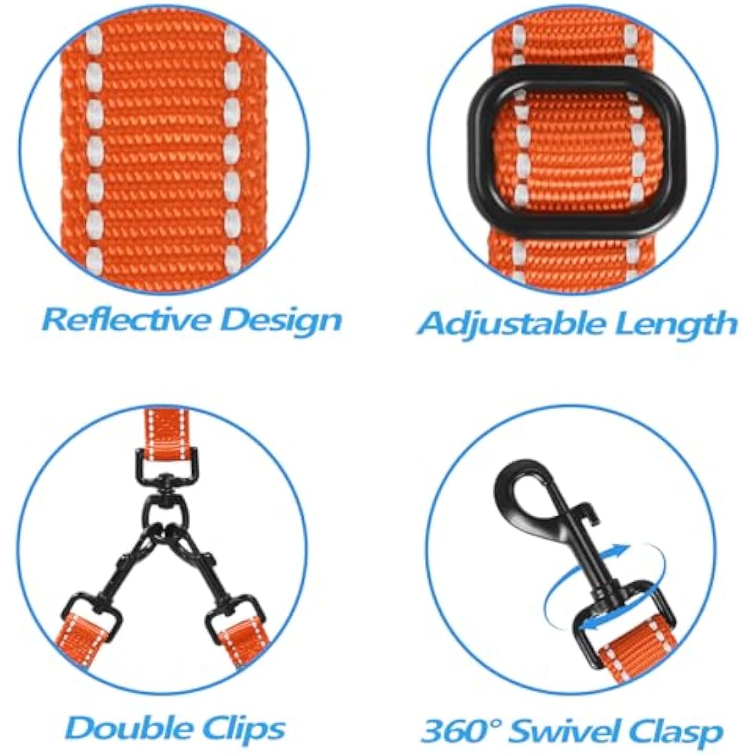 PetBonus Double Dog Leash, No Tangle Dual Leash, Reflective Walking Training Lead, 4 Comfortable Padded Handles for 2 Dogs with Collapsible Bowl and Waste Bags (Orange, Large)