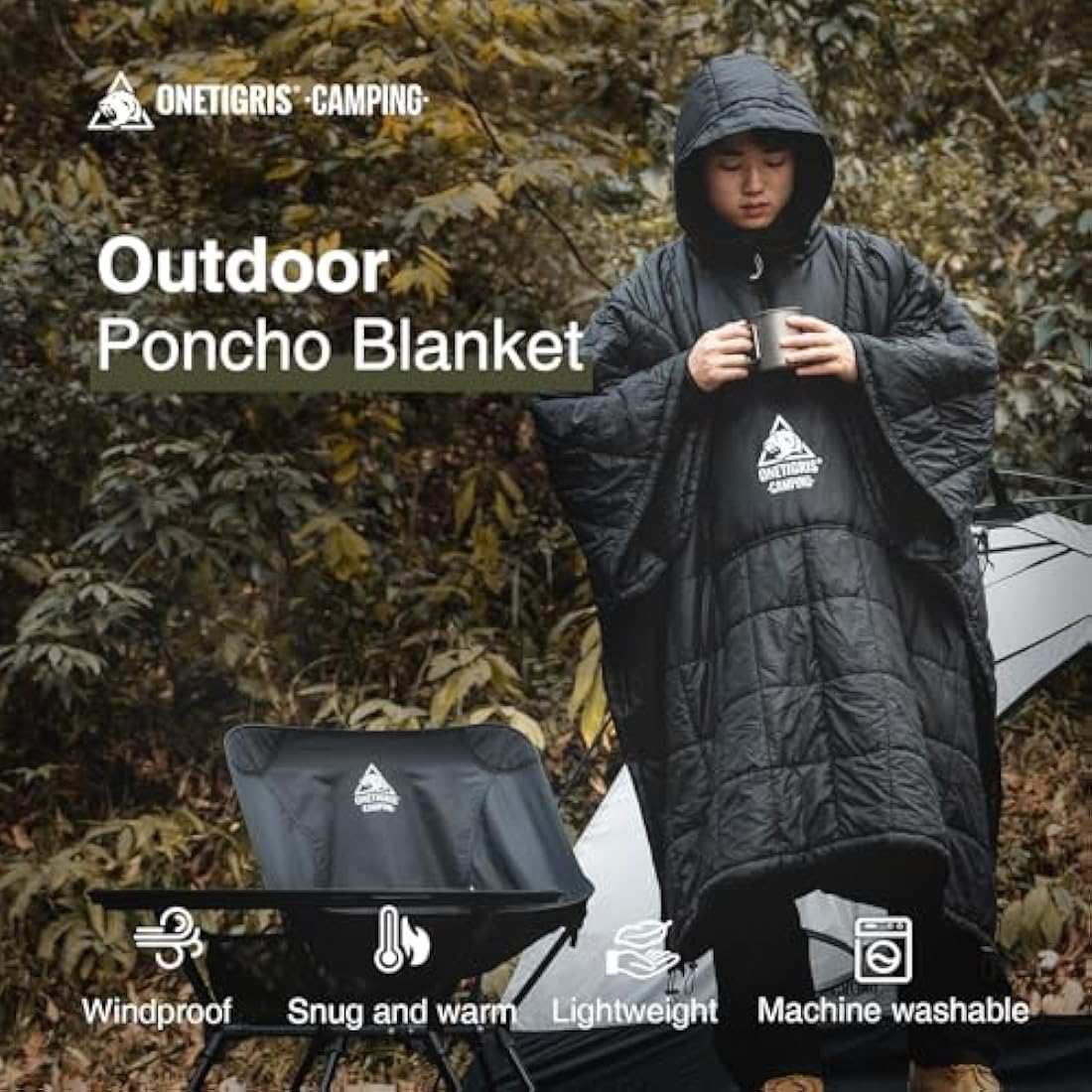 OneTigris Camping Blanket Poncho with Recycled 3M Thinsulate Insulation,Wearable Hoodie Blanket | Ultralight Water-Resistant Warm Camping Blanket for Outdoor, Hiking, Stadium