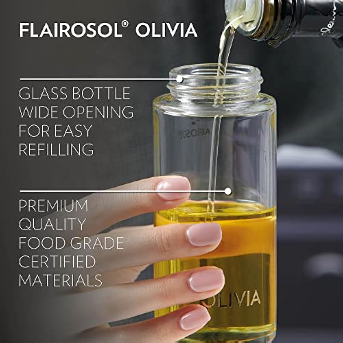 FLAIROSOL OLIVIA. The Original Advanced Oil Sprayer for Cooking, Salads, BBQs and More, Continuous Spray with Portion Control, Trusted by Chefs. Patented Technology (Glass Bottle) (Gold Print)