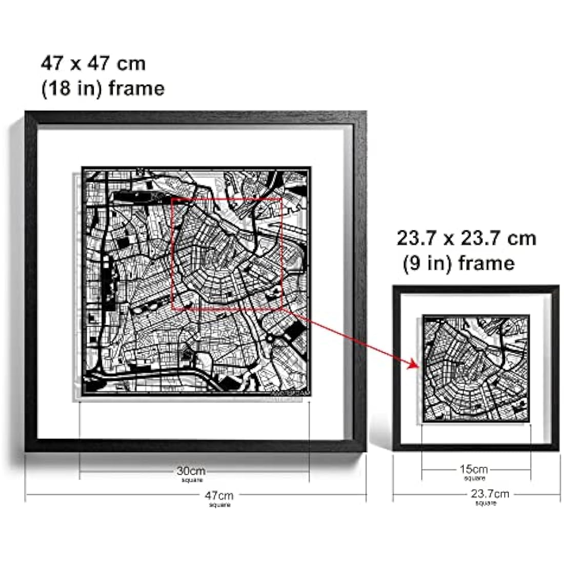 O3 DESIGN STUDIO Amsterdam Marco de Papel para mapas, Black map, Black frame, 9x9 inches, Gift Boxed, 2 background color, self-changing, Paper Art