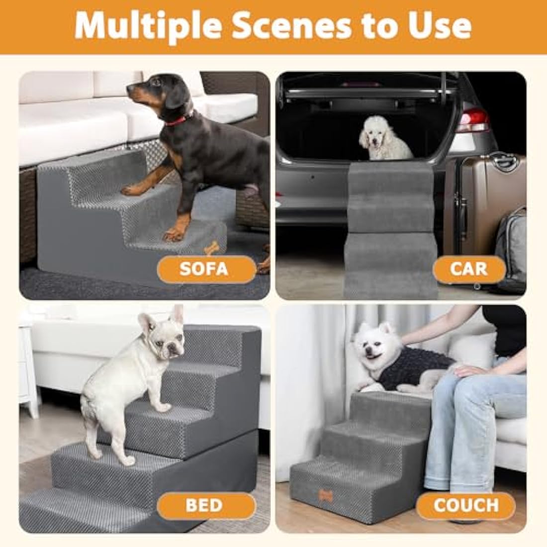 Nepfaivy Dog Steps Stairs for Bed - Non-Slip Pet Stairs for Small Dogs and Cats, 4-Steps Dog Ramp for Sofa with High Density Foam and Removable Cover, 61x40x45cm