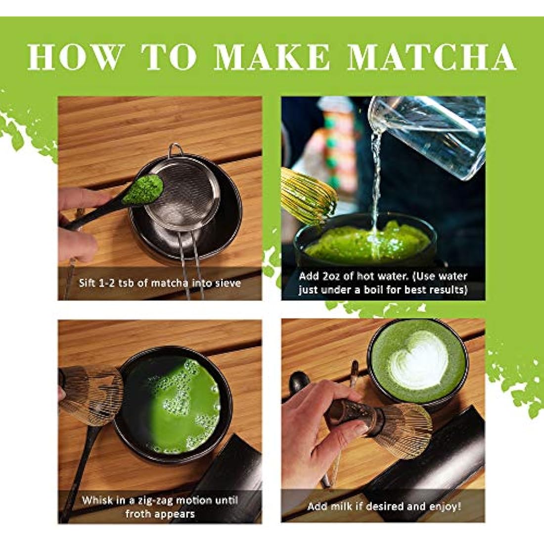 BambooMN Brand - Matcha Bowl Set (Includes Bowl, Rest,Tea Whisk, Chasaku, & Tea Spoon) 1 Set Green