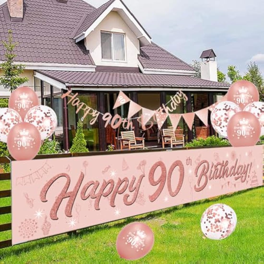 DEARLIVES 14 Pieces 90th Happy Birthday Decorations,Rose Gold 90th Birthday Party Supplies Including Happy 90th Birthday Banners Birthday Straps Triangle Flag Bunting Confetti Latex Balloons