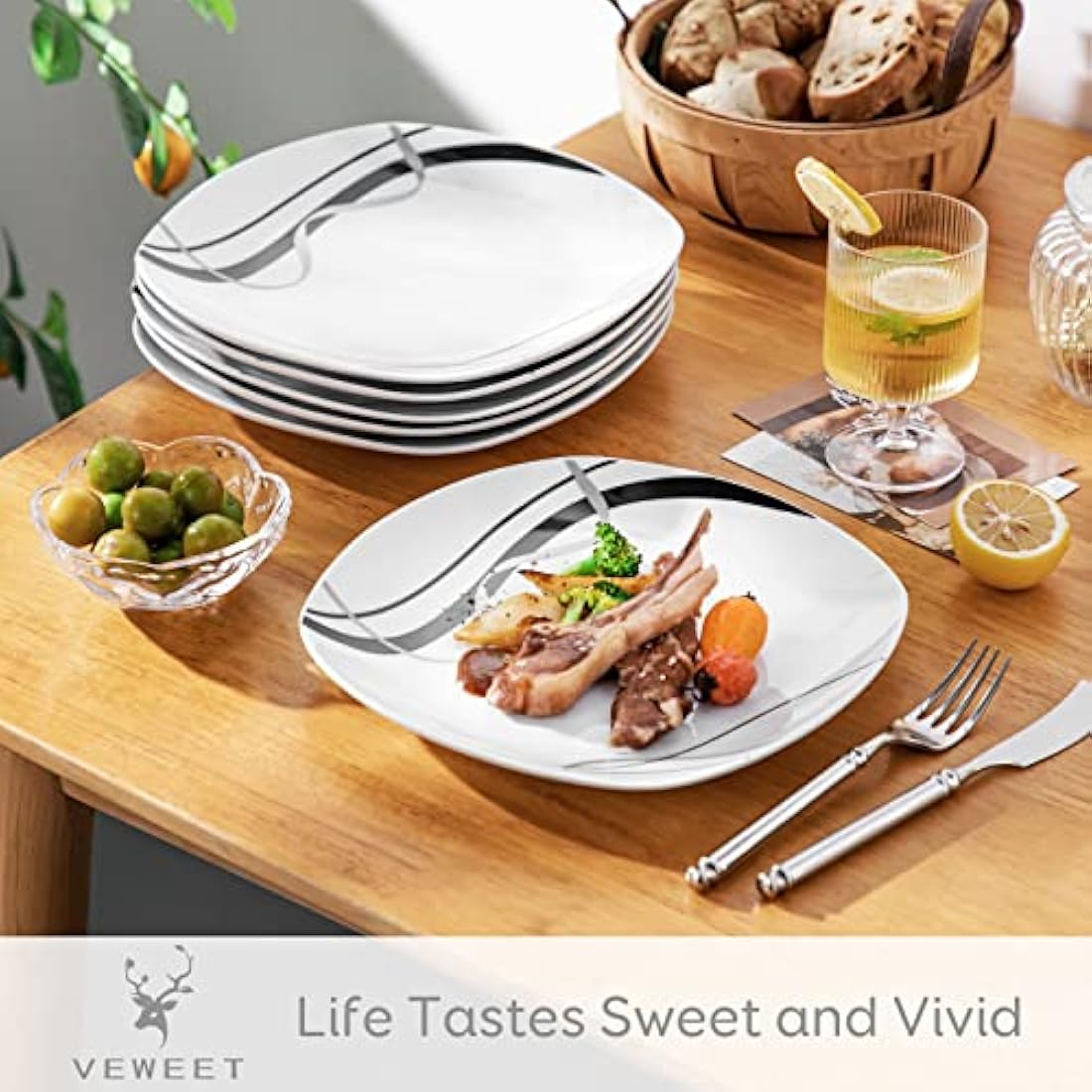 VEWEET 'Fiona' 9.75" 6-Piece Dinner Plate Porcelain Dinner Set Ivory White Black Decals Round Plates Dinning Set Kitchen Service China Dinner Plate (24.7 * 24.7 * 2.2 cm)