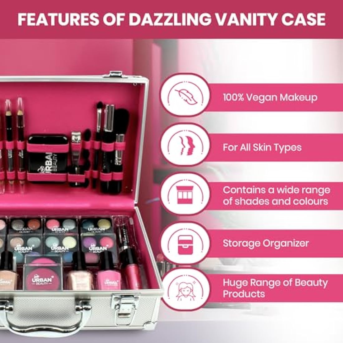 LOVE URBAN BEAUTY Dazzling Makeup Case – 60-Piece Vegan Makeup Set for Teenagers – Elegant Silver Box – Compact and Lightweight Design – Travel-Friendly Women’s Makeup Set