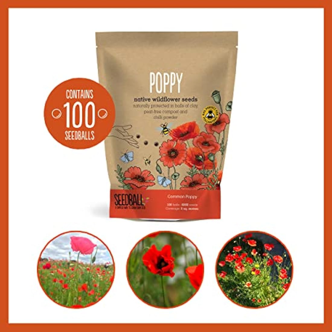 SEEDBALL Poppy Seed Bombs – 100 Seed Balls Per Pack | Bursting with Beautiful Red Poppy Flowers | Clay Protected Seed Bomb for Bees, Butterflies, Birds & Other Garden Wildlife