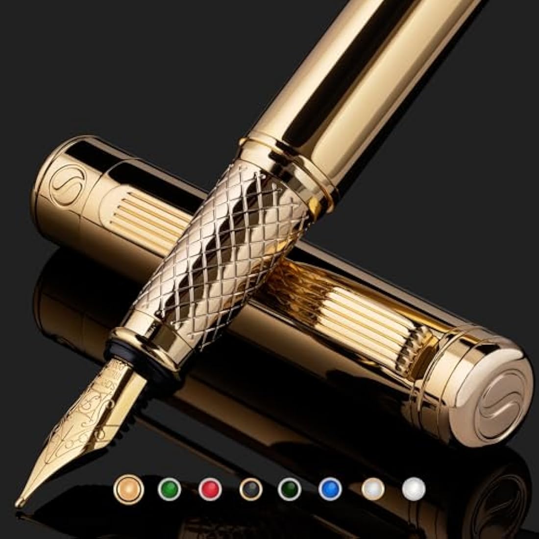 Scriveiner Luxury Fountain Pen - Stunning Gold Pen, Real Gold Plating, Schmidt Gilded Nib (Fine), Converter, Best Pen Gift Set for Men & Women, Professional, Executive, Office, Nice Pens
