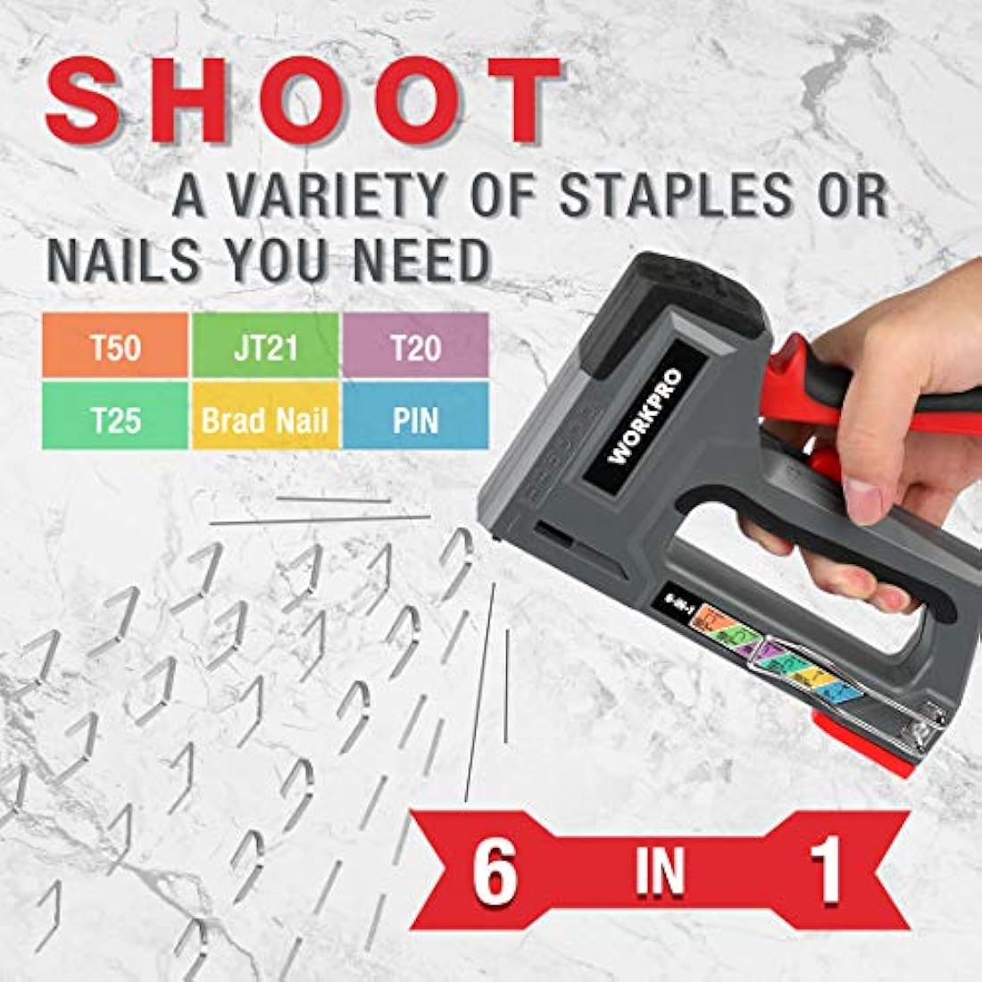 WORKPRO 6 in 1 Multifunctional Wall Stapler with 4000 Staples Manual Stapler for Fixing Hardware Furniture Decoration Door Window Cabinet