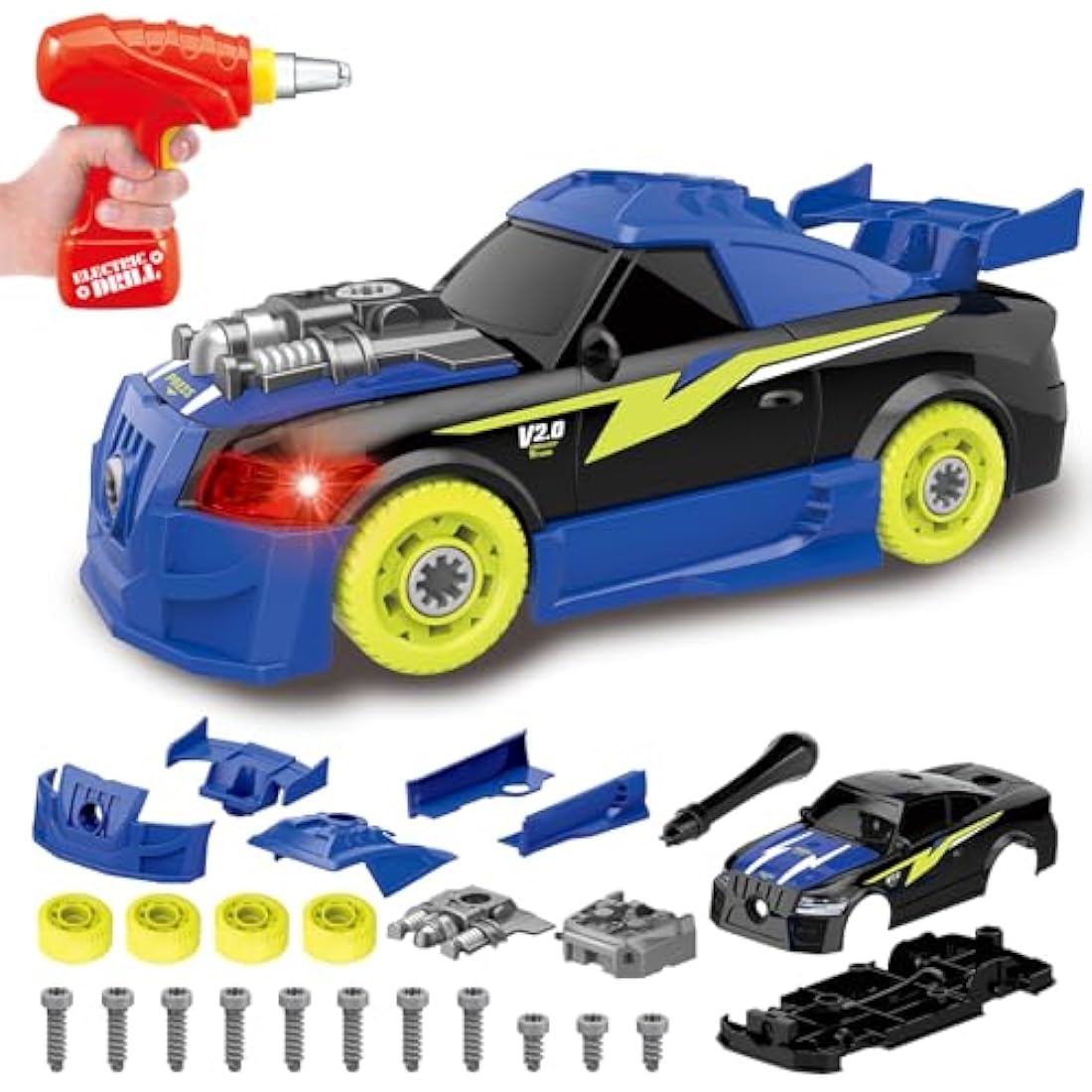 Pup Go Take Apart Toy Racing Car for Age 3+ Year Old Boys, 2 in 1 Build Your Own Car Kit with Toy Drill & Power Tools, Construction Toys, Kids Building Toys with 4 Spare Screws, for Kids