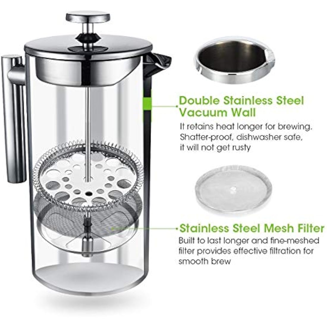 MaxMiuly Cafetiere Stainless Steel French Press Large Insulated Coffee Press, Double Wall Coffee & Tea Maker, 1.5L / 50 OZ-Bonus with Two Coffee Filter Screens(1500ml Silver)